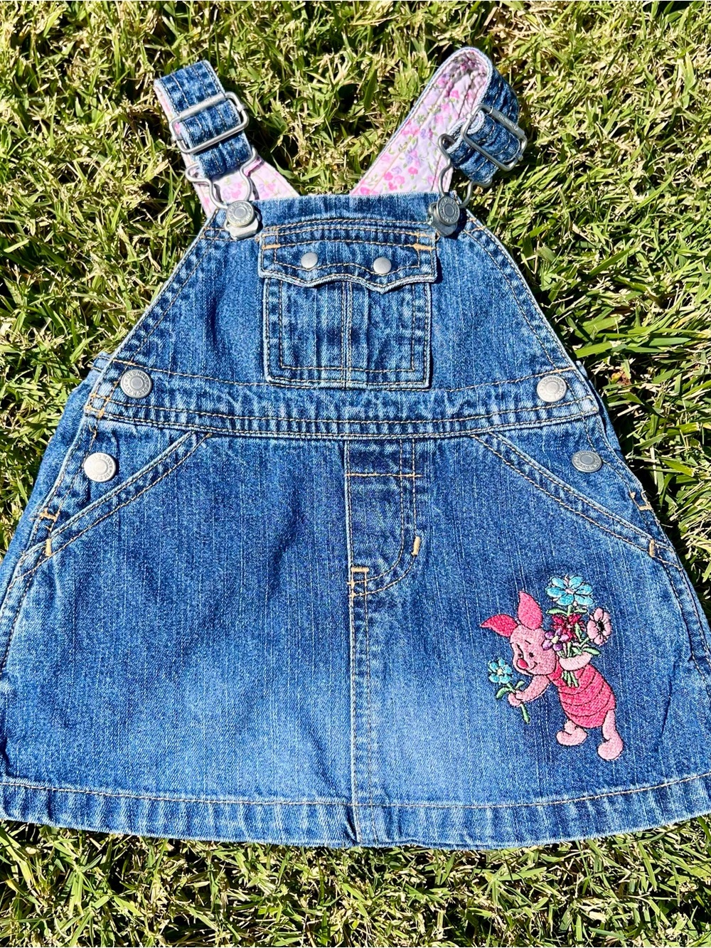 Denim Kids Overall Dress with Pink Piglet Embroidery